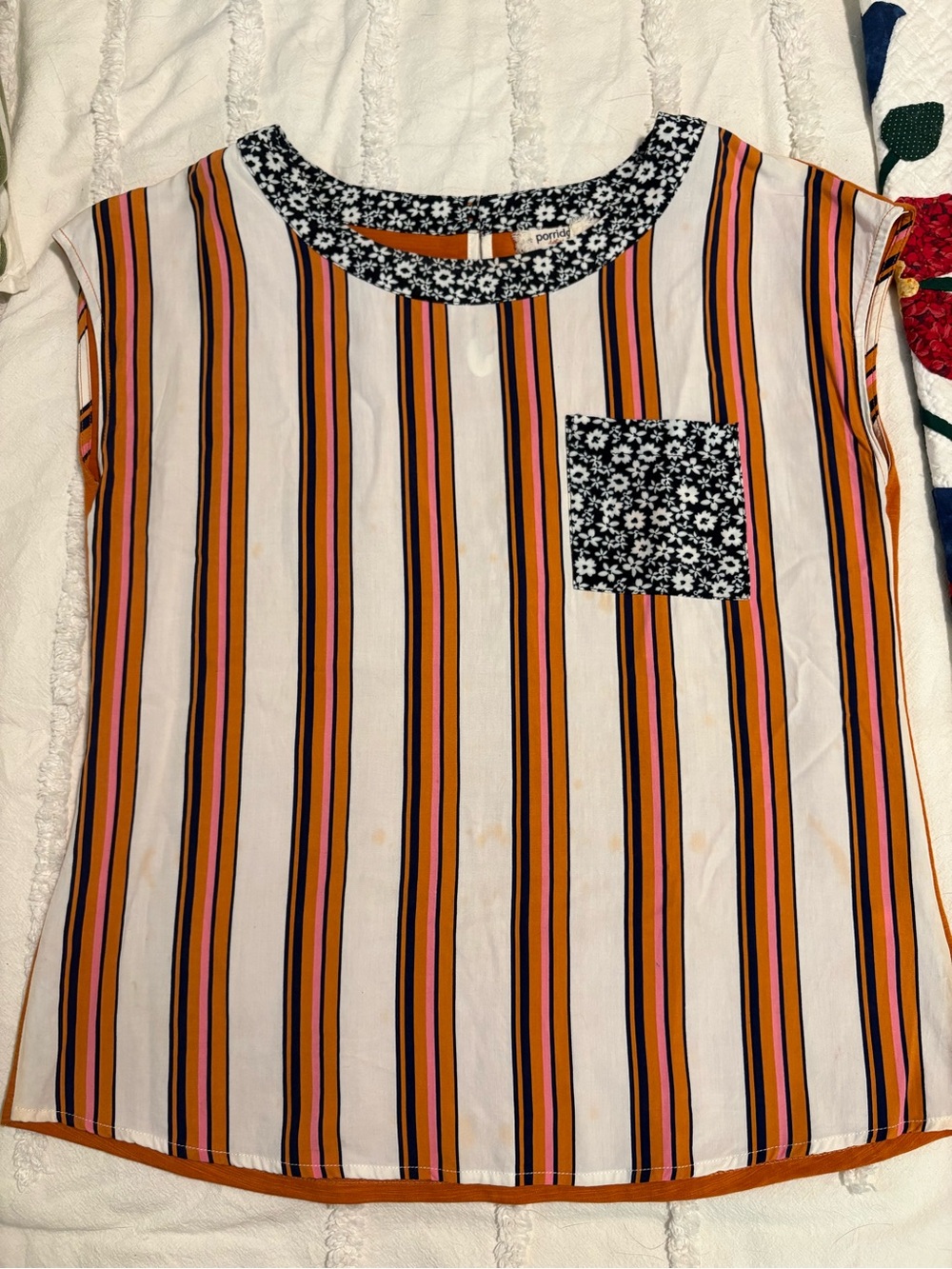 Women’s Striped Short-Sleeve Tee with Floral Pocket - Orange/White